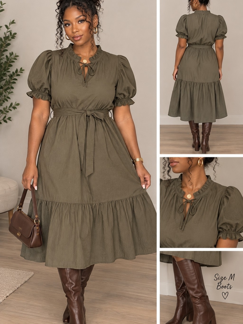 Tiered Puff-Sleeve Midi Dress in Olive with Tie Waist